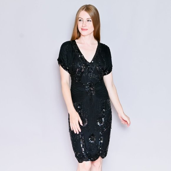 VINTAGE Swee Lo Silk Beaded Sequined Dress Petite Medium - Picture 1 of 14